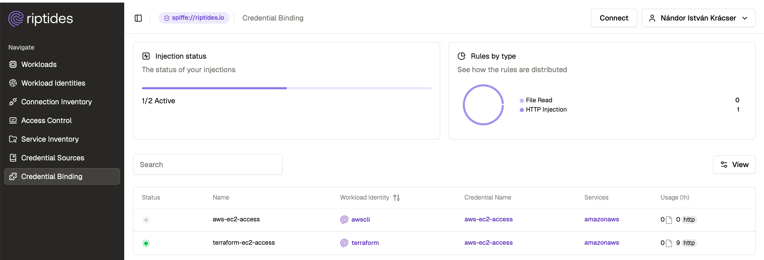 Riptides UI showing 9 credential injections for Terraform